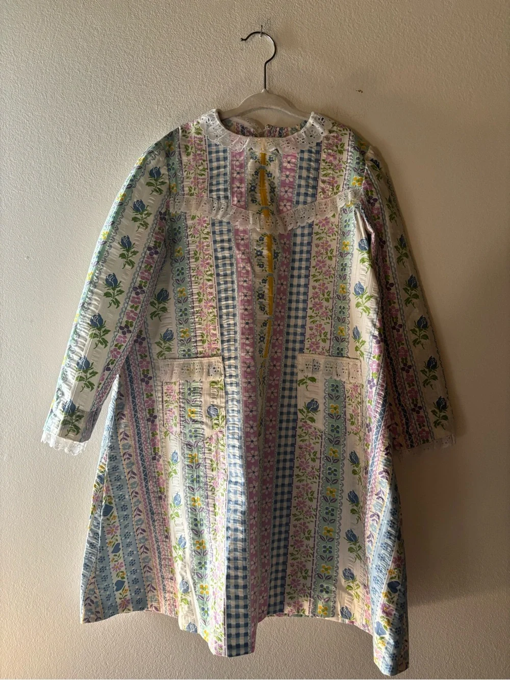 Genuine Vintage 70’s Floral Patchwork Dress in Pastel Yellow, Blue & Pink